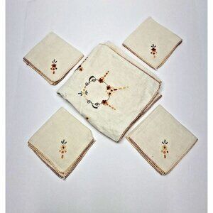 Vintage Hand Made Embroidered Linen Tablecloth and 4 Napkins Orange Floral